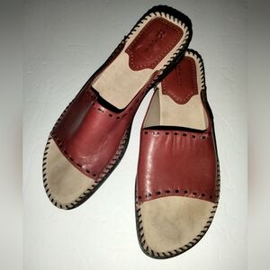 Bass (Size 8.5) Deep Red Leather Upper & Interior Sock Open Toe Slip-on Sandals